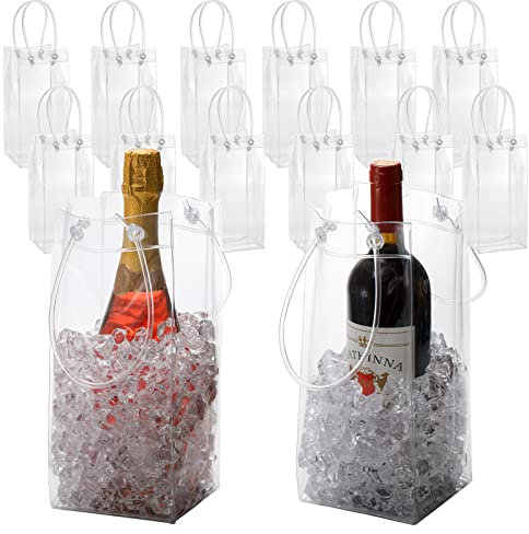 Frcctre 12 Pack Ice Wine Bag, Portable Collapsible PVC Wine Pouch Cooler Bags with Handle, Clear Wine Bottles Bag for Champagne Cold Beer White Wine Chilled Beverages