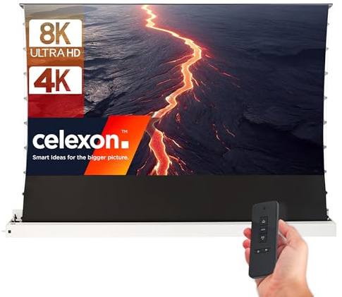 celexon HomeCinema Plus CLR UST Écran de Projection motorisé 120 Blanche | 265x149 cm 16:9 | Écran encastrable et enroulement à Ciseaux au Sol 8K/Full HD pour projecteurs à Ultra-Courte focale