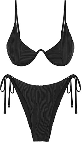 ZAFUL Underwire Bikini Sets for Women Back Clasp Bikinis Side Tie String Ribbed Two Piece Swimsuits Black M