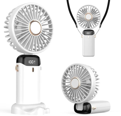 Refluxe Ventilatore Portatile, Fan USB 4200mAh con Display LED, 3-in-1 Mano/Collo/Da Scrivania, Regolabile a 90° e Pieghevole, per Ufficio, Camera, Viaggi e Regali Estivi (Bianco)
