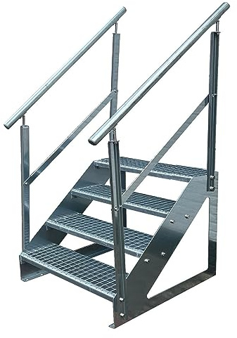 Kaminbau Mierzwa Premium trappa fristående, 4 trappsteg dubbelsidigt räcke (bredd 800 mm) (höjd 76 cm), väderbeständigt rutnät, trädgårdstrappa