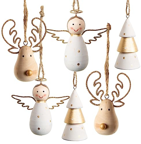 Logbuch-Verlag 6 Holz Weihnachtsbaumanhänger Engel Baum Rentier 8 cm Natur Gold weihnachtlicher Baumschmuck