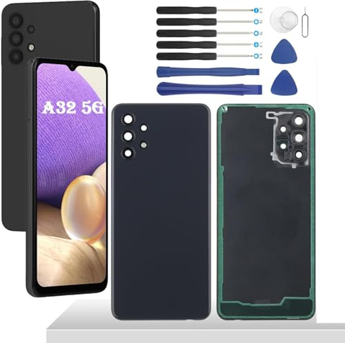 YHX-OU Schwarz Akkudeckel für Samsung Galaxy A32 5G Rückseite Backcover Akkufachdeckel Rückseite Ersatz Reparatur Set mit Kamera Linse Glas + Werkzeug