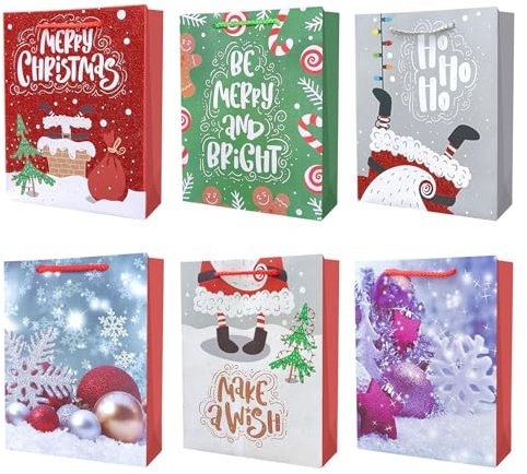6 Stück Geschenktüte für Weihnachten, Nikolaus und Advent - 6 Stile weihnachtliche PapiertütenGeschenktasche mit Weihnachtsmotiv - Geschenkbeutel- Festival-Partyzubehör (Glitzer)