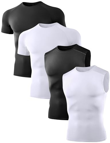 Dalavch Paquete de 4 camisetas de compresión y camisetas sin mangas para hombre, camiseta deportiva de manga corta y sin mangas, 2 Negro 2 Blanco, Large