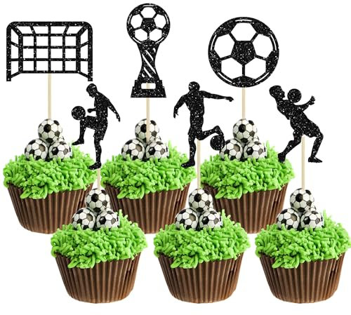 24Pcs Soccer Cupcake Toppers Glitter Soccer Ball Cupcake Picks Sport Cake Decorations Football Theme Birthday Party Baby Shower Kids Boys Men Birthday Party Favors Supplies Black