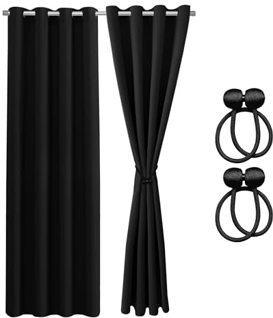 Cozyor Verdunklungsvorhänge Gardinen 2er Set mit Magnet-Raffhalter Thermogardine gegen Kälte, verdunkelnd, schwarz Eclipse, Gardine mit Ösen für Schlafzimmer, Wohnzimmer, Kinderzimmer 175x135 cm