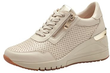 MARCO TOZZI Baskets compensées pour Femme avec Partie en Cuir et Talon compensé, Crème Comb, 40 EU