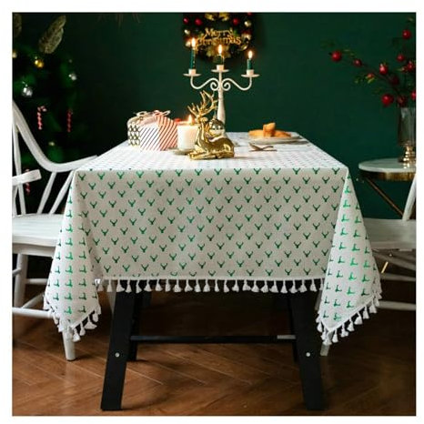 Tischdecke Baumwolle Leinen Quadratisch, Tischdecken 140x180CM Abwaschbare Tischdecke Küche Weihnachten Elch mit Quasten Tischdecken für Außenbereich, Grün