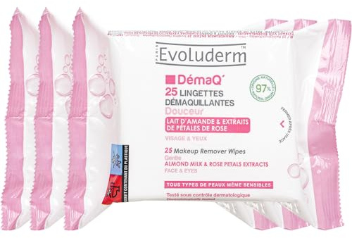 EVOLUDERM - Lingettes Démaquillantes Douceur - 25 pièces - 97% d'Origine Naturelle - Végan - Lot de 3 x 25 pièces