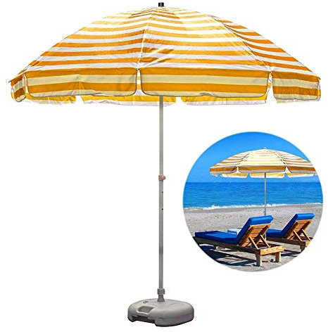 MaGiLL 8,2 Fuß gestreifter Strandschirm UV 50+, tragbarer Außenterrassen-Gartenschirm-Sonnenschutz mit 8 stabilen Rippen und Kurbel (Farbe: Gelbe und weiße Streifen)