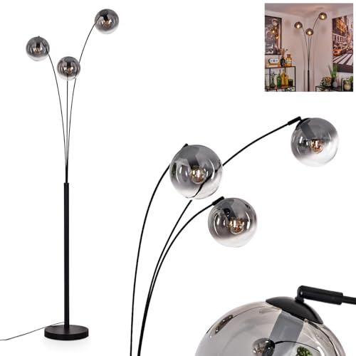 Stehleuchte Gastor, Stehlampe aus Metall/Glas in Schwarz/Rauchfarben/Klar, Leuchte im Retro/Vintage-Design mit Schirmen aus Glas (Ø 15 cm) u. Fußschalter, Höhe 210 cm, 3 x E14, ohne Leuchtmittel