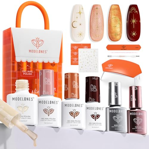 Modelones UV Nagellack Set,Starterset mit Lampe 4 Farben Gel Nagellack Set mit Base Coat und Top Coat Glitzer Braun
