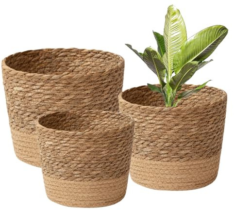JITASHWA Lot de 3 pots de fleurs tissés 3 tailles avec doublure, panier de fleurs en jonc de mer, cache-pots de fleurs décoratifs, pots de fleurs d'intérieur, décoration d'intérieur