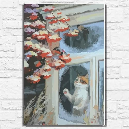 Aimaor Malen Nach Zahlen Erwachsene,Katzenschnee Paint by Numbers Adult Bastelset Malen-Nach-Zahlen Kinder Anfänger Leinwand Kreativ Set DIY Set Malen nach Zahlen（DIY Frame） 50x65cm