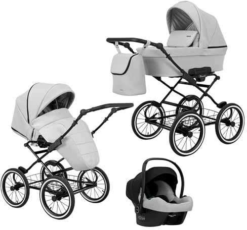 KUNERT Kinderwagen ROMANTIC retro Sportwagen Babywagen Autositz Babyschale Komplettset Kinder Wagen Set 2 in 1 und 3 in 1 (grau eco- schwarz rahmen, 3in1 Cosmo)