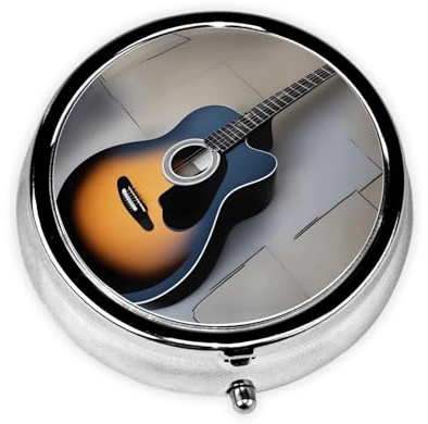 Pillendose aus Metall, 5,1 x 5,1 x 1,8 cm, Mini-Reise-Medikamentendose für Geldbörse, Tasche, schönes Gitarrenmuster