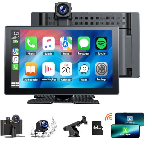 HOTPEAK 9'' Carplay Screen for Car with 4K Dash Cam, 1080p Backup Camera, Portable Car Stereo for Apple Carplay Android Auto Wireless, Mirror Link, GPS Navigation, G-Sensor, Loop Recording, AUX,FM