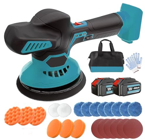 145mm Poliermaschine Akku 21V(2PCS 5.5AH akkus&Ladegerät,24PCS Aufsätze),6-Gang,2500-5000RPM,für Makita 18V akku,für Auto Polieren, Maschinenpolieren & Fahrzeugpflege