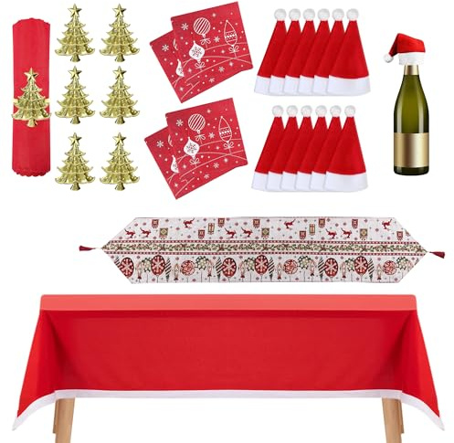 Christmas Party Supplies, Christmas Dining Table Décor Set – Red Table Cloth, Reindeer Table Runner, Xmas Design Paper Napkins, Red Cutlery Holder and Napkin Rings For Xmas Table Decoration - Set 6