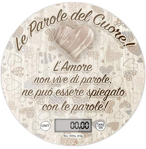 Lupia - Bilancia Digitale da Cucina in Vetro Temperato decorato LE PAROLE DEL CUORE D.18,5 cm, Idea Regalo scatola bianca, Display LED, Design Elegante Bomboniera, batteria CR2032, Made in Italy