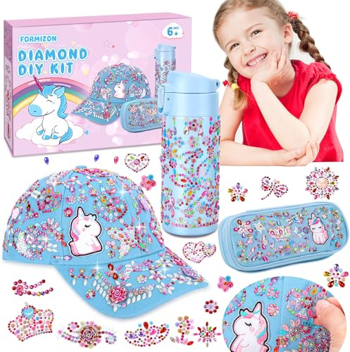 FORMIZON Regalo per Ragazza 4 5 6 7 8 9 Anni, Fai Da Te Borraccia Berretto da Baseball Astuccio Matite, Set DIY Borraccia con Unicorno Adesivi, Regali per Bambina Compleanno Natale (Blu)