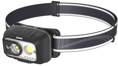 Hama Stirnlampe LED wiederaufladbar (leichte Kopflampe mit 500 Lumen, 80 m Reichweite, 4 Modi, dimmbar, Bewegungssensor, verstellbar, für Joggen, Camping, Angeln, IP44) schwarz/grau
