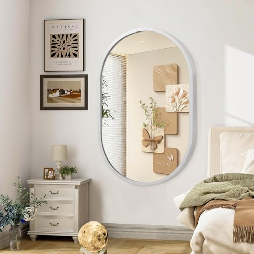 JJUUYOU Oval Bathroom Mirror with Metal Frame Modern Hanging Mirrors for Wall 70×50 CM Small Aluminum Alloy Frame Mirror Decorative for Bathroom Living Rooms Bedroom Entryway Hallway Silver