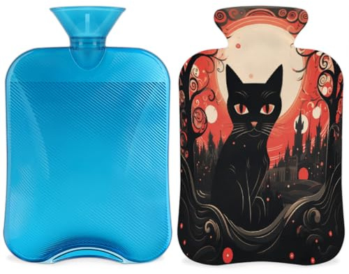 Wärmflasche mit Bezug, Motiv: Halloween-Katze, 2 l, Wärmbeutel zur Schmerzlinderung, weicher Nacken und Schulter, Handfußwärmer, heiße und kalte Kompresse für Erwachsene und Kinder