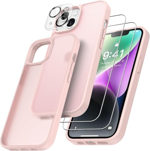 FLLAO 4 in 1 Cover per iPhone 14 Custodia con 2 Pellicola Vetro Temperato e 1 Fotocamera Protettiva, [Cuscino d'aria integrato] Antiurto Antigraffio Morbido TPU Bumper Protection, Rosa