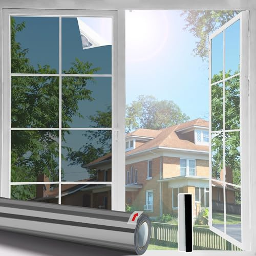 Linarun Window Privacy Film Privacy Film for Glass Windows One Way Mirror Film for Windows Anti Glare Sun Blocker Heat Reducing, Black Silver, Static Cling 44.5x200