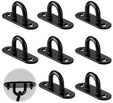 Ruvan 8 Stück M5 Deckenhaken Schwarz, Edelstahl Schwerlasthaken, 50 x 15 mm - Schraubhaken Edelstahl zum Aufhängen, Augplatte Schwarz, Für Seile, Hängematten, Gymnastikringe, Hängepflanzen