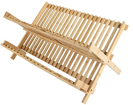 HEEPDD Escurridor de Platos de Madera Plegable de 2 Niveles, 20 Rejillas Resistentes, Escurridor de Platos Portátil Que Ahorra Espacio para Cocina