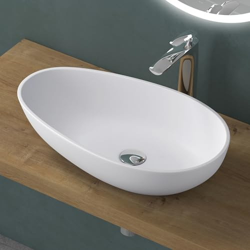 Mai & Mai Waschbecken oval Aufsatzwaschbecken aus Mineralguss in Weiß matt ohne Hahnloch und Überlauf Col809