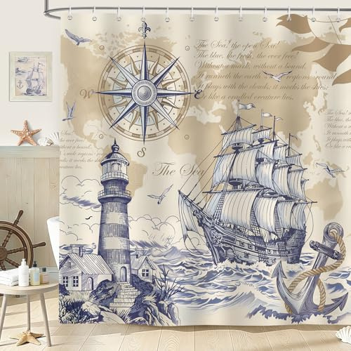 hometrixx Retrò Nautico Tenda Doccia 180x200 cm Ancora Bussola Faro Barca a Vela Onde del Mare o Poliestere Impermeabile Tenda Vasca da Bagno con 12 Ganci Lavabile in Lavatrice per Casa Hotel