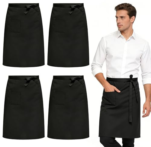 prota 4 Stück Vorbinder Schürze, 70 x 70cm Kochschürze, Schwarz Kellnerschürze, Küchenschürze für Damen Herren, Grillschürze für Küche Kochen Backen Garten BBQ Cafe