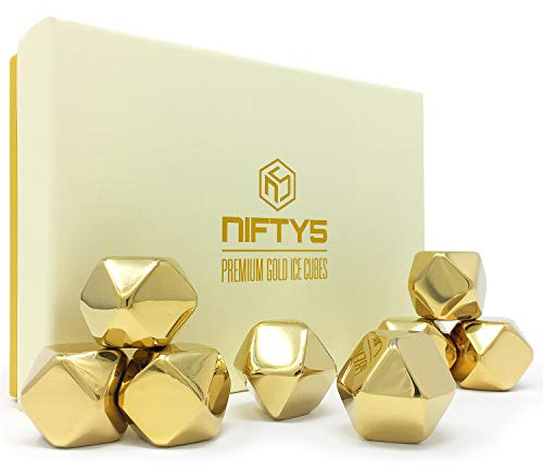 Whiskey Stones Gold Edition Geschenkset 8 Stück Edelstahl Diamantförmige Metall Eiswürfel Wiederverwendbare Chilling Rocks inkl. Silikonspitze Zange und Aufbewahrungsschale