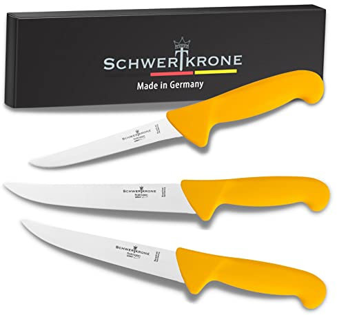 Schwertkrone® Metzgermesser Set 3-Teilig [MADE IN SOLINGEN - DE] - Schneidemesser - Solinger Küchenmesser Set - Kitchen Knife - Schlachtermesser - Messerset Edelstahl - Koch Messer - Messerset Küche