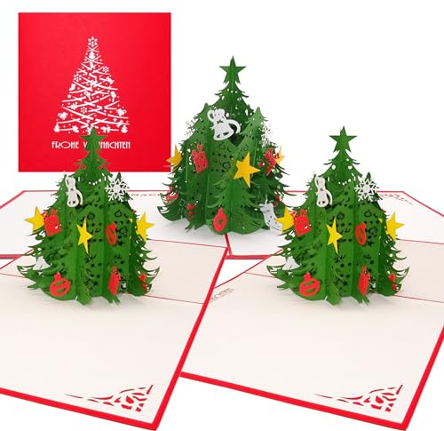 3D Weihnachtskarten im 3er-Set - 3 x Große Pop-Up Karte Weihnachtsbaum - Karte mit Umschlag als Weihnachtskarte, Gutschein und Geldgeschenk