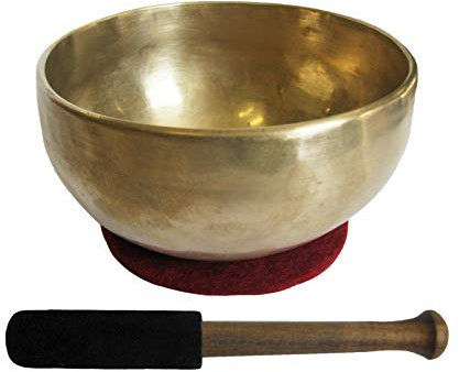 Therapeutische UNIVERSAL KLANGSCHALE ca. 350-400g 11-13cm Handarbeit Nepal 3-tlg Klangmassage Set Klangtherapie + Entspannung + Meditation mit Kissen + Klöppel. 70221-1