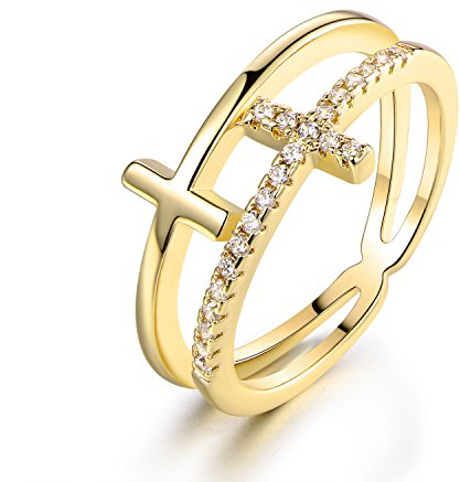 Barzel 18k Gold Plated Cubic Zirconia Double Cross Ring (Gold, 5)