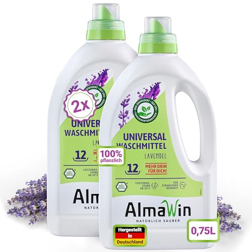 AlmaWin® Universal Waschmittel Flüssig [2x 750ml - 24 Ladungen] mit Lavendelduft - Flüssigwaschmittel für strahlende Reinheit ab 30°C - Laundry Detergent für Weißes & Buntes - Öko & VEGAN