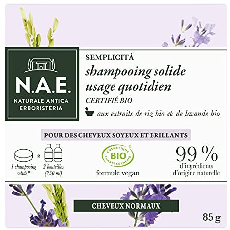 N.A.E. Shampoing Solide Certifié Bio, Usage Quotidien Cheveux Normaux, Extraits de Riz Bio et de Lavande Bio, Formule Vegan, 99 pour cent d'ingrédients d'origine naturelle, Savon de 85 g