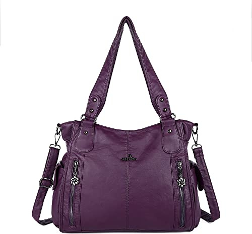 ZOCAI AngelKiss Handtasche Damen Schultertasche Multifunktionale Umhängetaschen Gewaschenes Veganes Leder Wasserdicht mit Reißver Schlusstaschen Reißverschlusstasche (Lila 3)