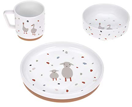 LÄSSIG Geschirrset Porzellan Kindergeschirrset Teller Schüssel Tasse mit Silikonring rutschfest Kindergeschirr/Tiny Farmer Sheep/Goose