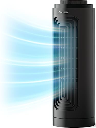 Pro Breeze Mini Tischventilator mit 3 Lüftungsstufen, Automatische 70° Oszillation, Kleiner Turmventilator Höhe 32,5 cm ideal für Arbeitsplatz, Nachttisch, 20W, Mini Ventilator leise - Schwarz