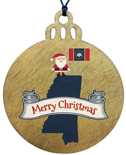 Mississippi Christmas Ornament - Wooden Disc Featuring State Flag, Map Silhouette, and Santa Claus - 2026 Wood Decoration for Tree - Unique and Home Decor