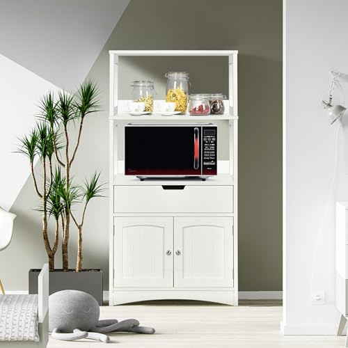 GYMAX Mobiletto da Cucina, con Cassetto e Ripiani Aperti, Mobile Armadietto Salvaspazio, per Bagno, Ingresso, Soggiorno,60 x 32 x 122 cm (Bianco)