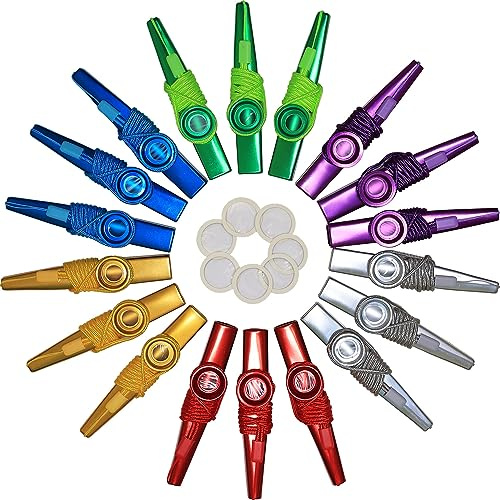 Crystaljun 54 Stück Metall-Kazoos mit Schlüsselbändern, mit 20 Kazoo-Flötenmembranen, mehrfarbige Kazoo-Musikinstrumente, gutes Geschenk für Kinder, ein guter Begleiter für Gitarre, Ukulele, Violine.