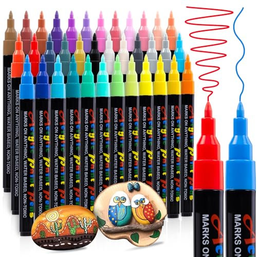 Hoenart Acrylstifte für Steine Wasserfest, 36 Farben Stifte Steine Bemalen Multimarker Zum Bemalen Acrylmarker für Holz, Leinwand, Glas, Papier, Keramik, Halloween Deko Kürbis